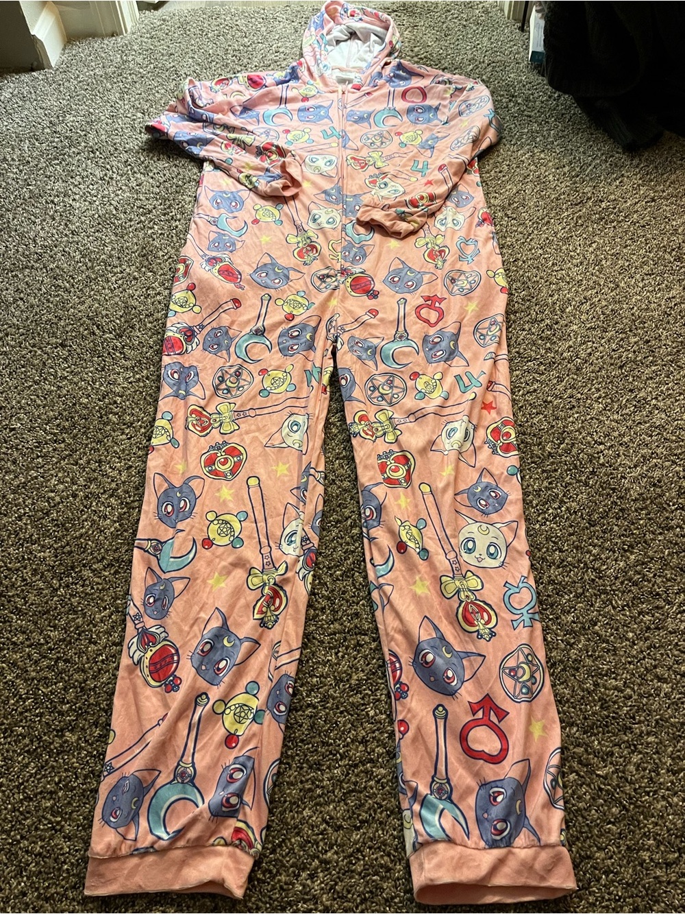 Hooded Onesie Pajamas in Pink with Sailor Moon Motif